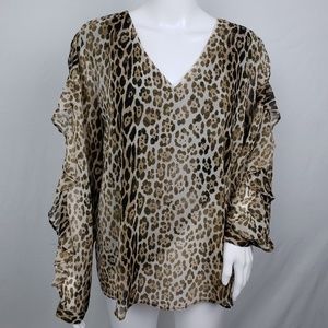 Calvin Klein Animal Print Ruffle Sleeves Top SZ L